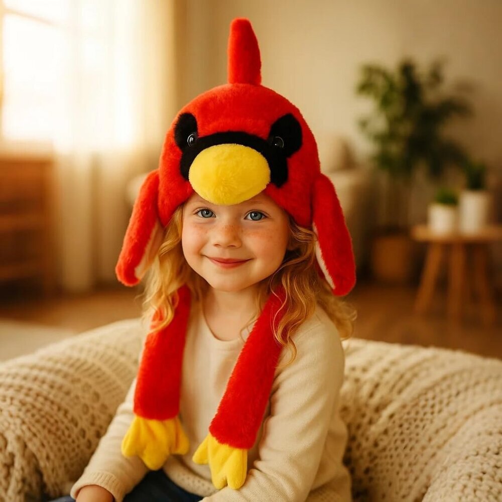 Kids Cardinal Animal Hat with Ears Moving Jumping Pop Up Beating Plush Holiday - Picture 3 of 9